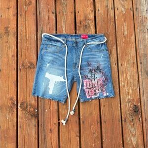 Blue Distressed Jean Shorts with Frayed Hem and Drawstring